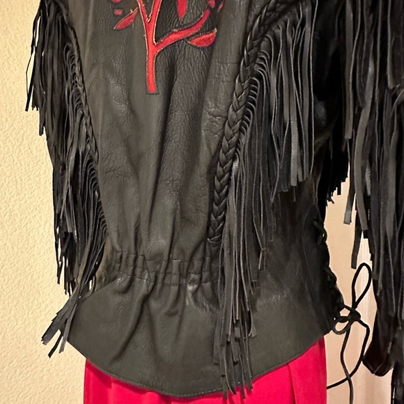 Black Fringe Leather Biker Jacket with Cut Out Rose Details - Picture 16 of 16
